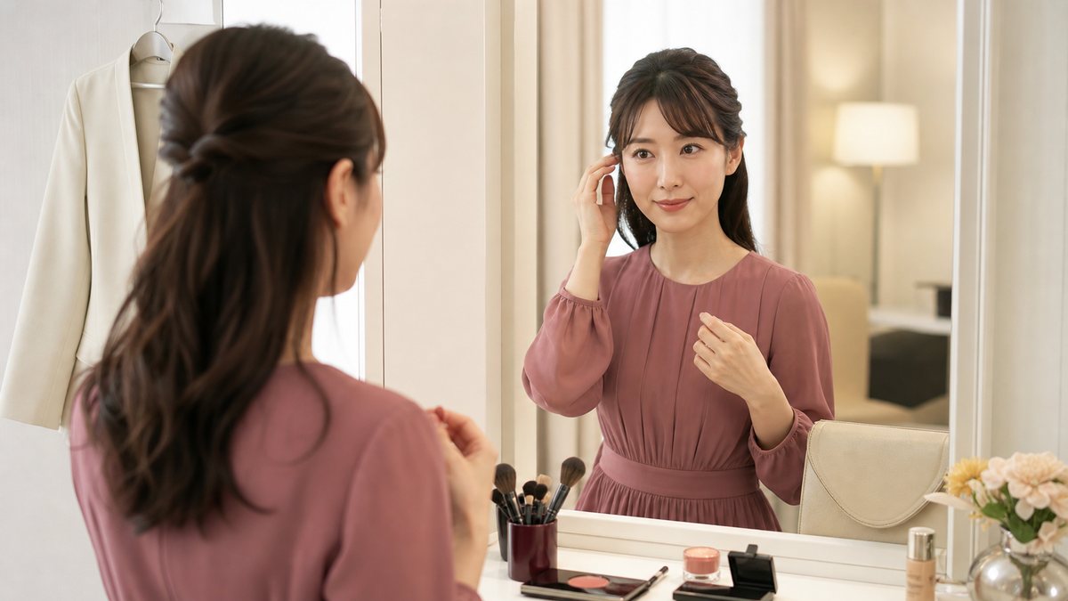 面接用の服装・メイク・髪型を上品なピンク基調で準備するイメージ