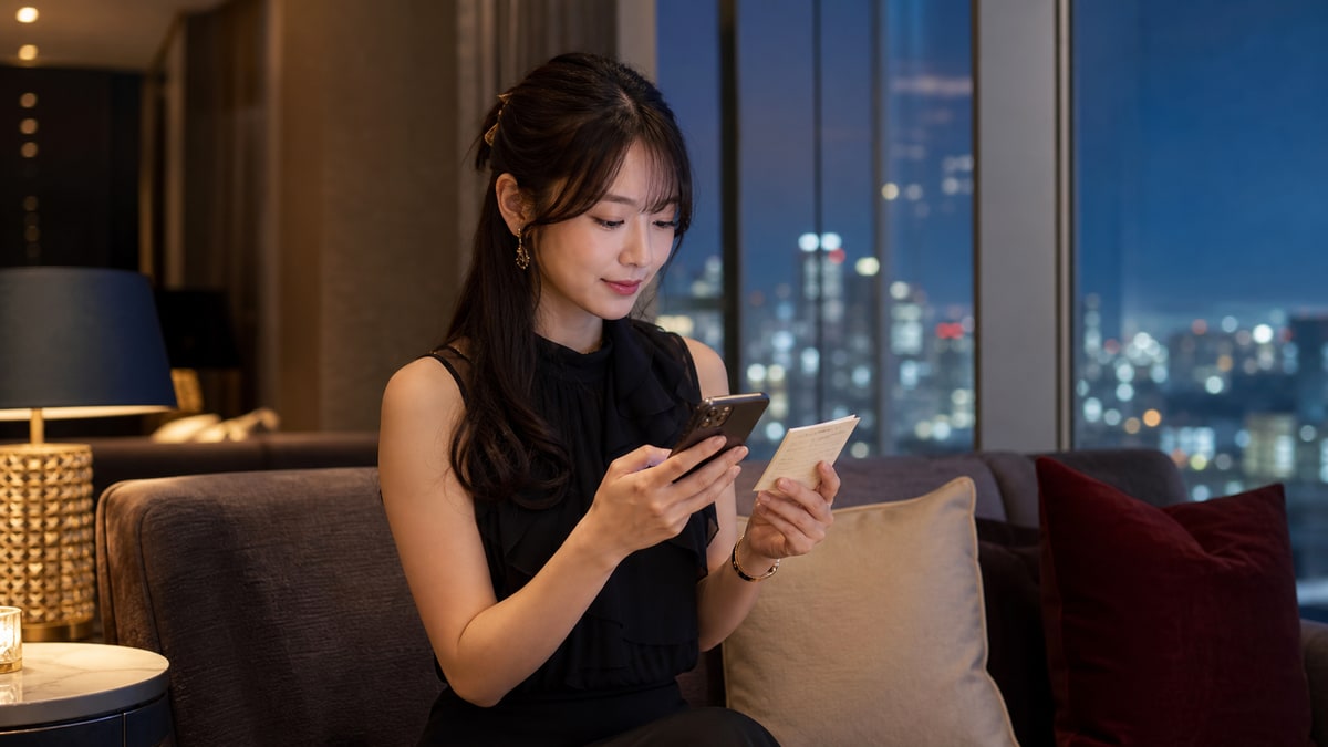 千葉市のキャバクラ求人の公開時給をスマートフォンとメモで比較する成人女性のイメージ