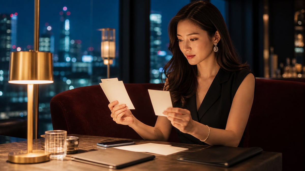 五井のキャバクラ求人の時給カードを上品なラウンジで比較する成人女性のイメージ