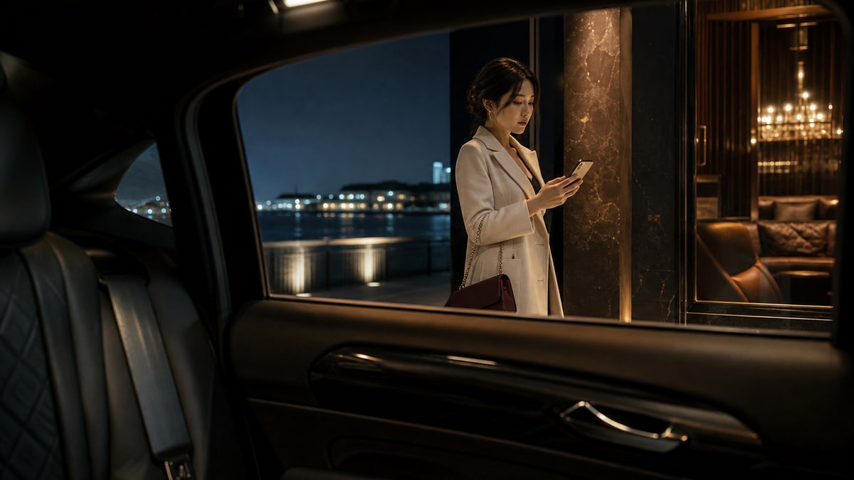 木更津のキャバクラ求人と送り・移動条件を夜の入口で確認する成人女性のイメージ