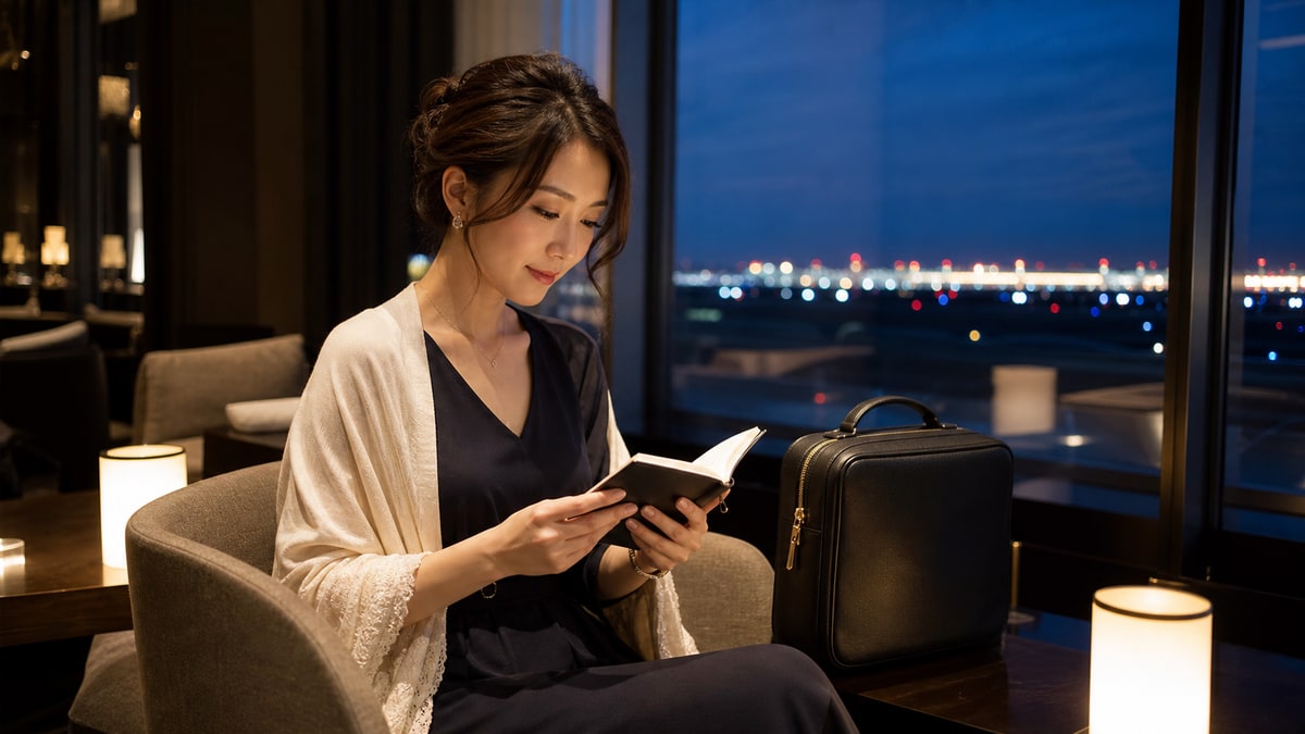 成田のキャバクラ求人と勤務予定を夜景の見えるラウンジで確認する成人女性のイメージ